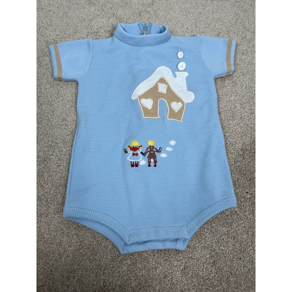 VTG 60s 70s Little World Knit Baby Romper Hansel Gretel Gingerbread House L 12M